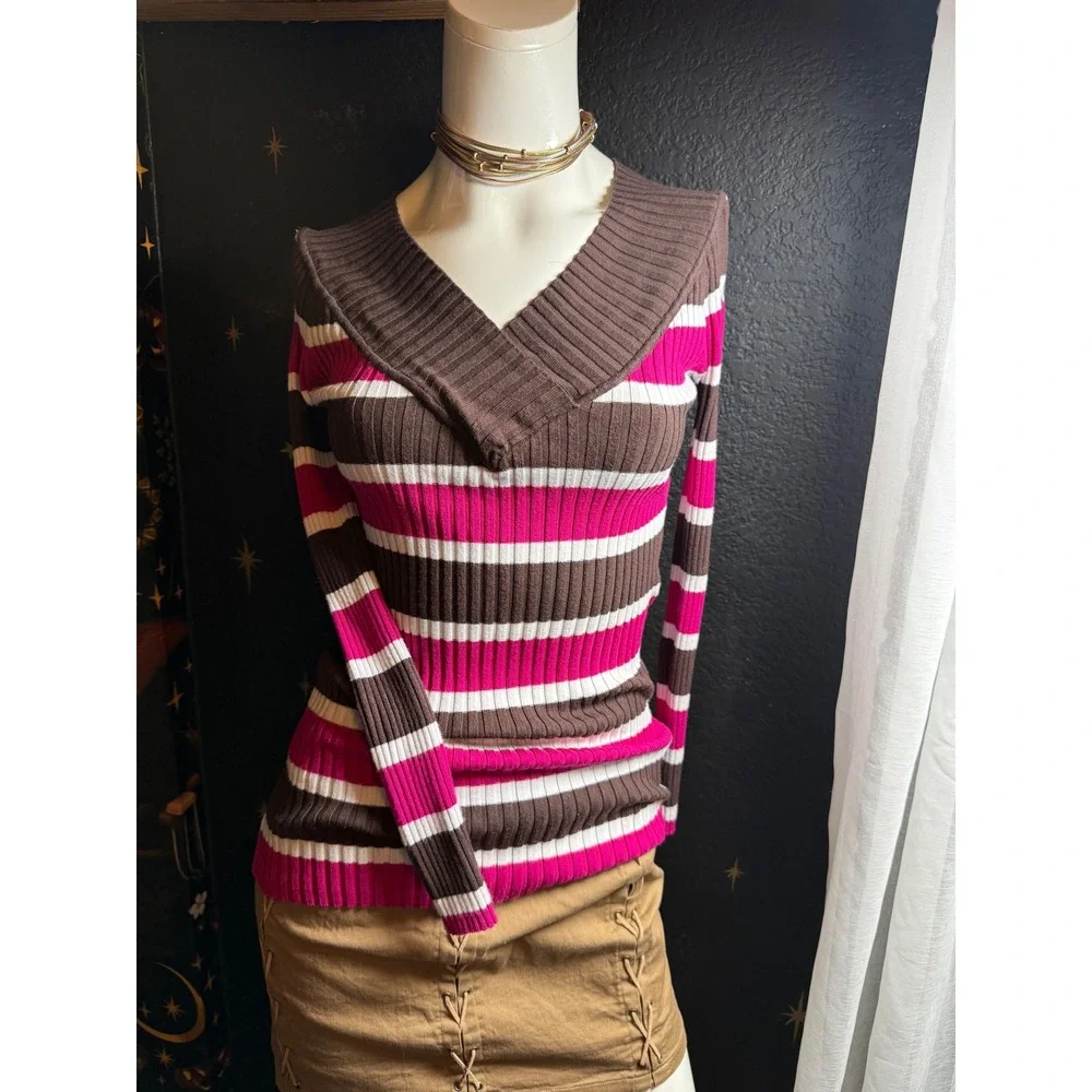 Vintage Brown Pink White Striped Ribbed Knit V-Neck Long Sleeve Sweater Top